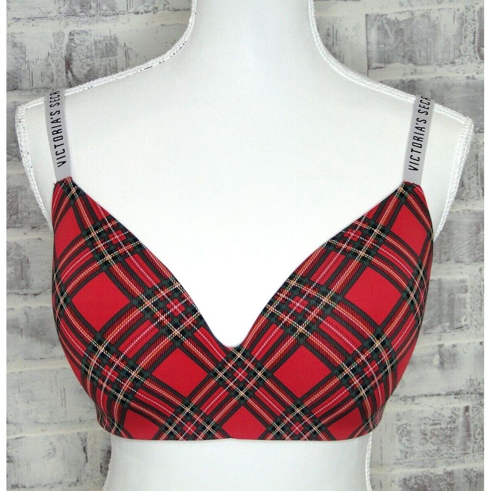 Victorias Secret T Shirt Bra‎ 36DD Lightly Lined Wireless Red Tartan Plaid